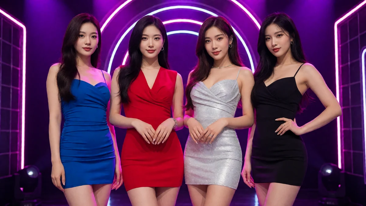 四名虚构成年东亚女演员穿红蓝银黑色时尚短裙站在霓虹舞台中央，脸部清晰